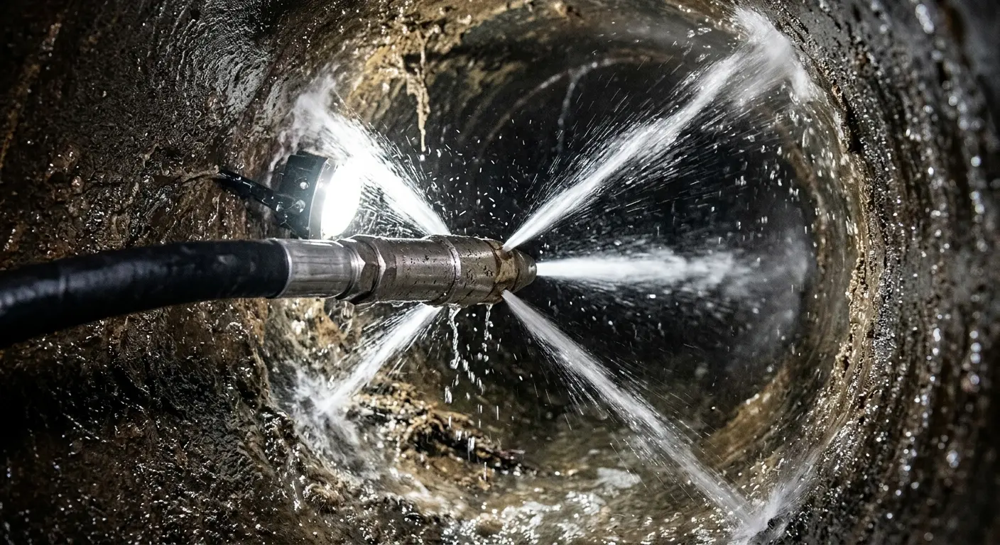 High-pressure hydro jetting nozzle cleaning sewer pipe for Trenchless Sewer Repair in Palo Alto