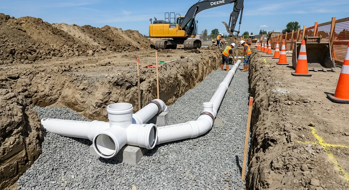 New PVC sewer pipe installation in open trench for Sewer Backup in Palo Alto