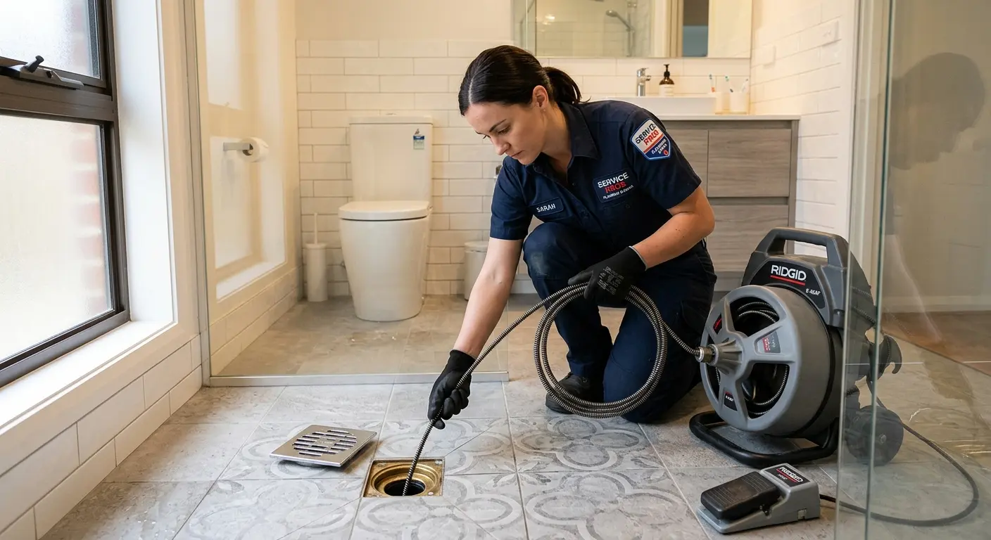 Technician clearing a bathroom floor drain for Drain Cleaning in Palo Alto